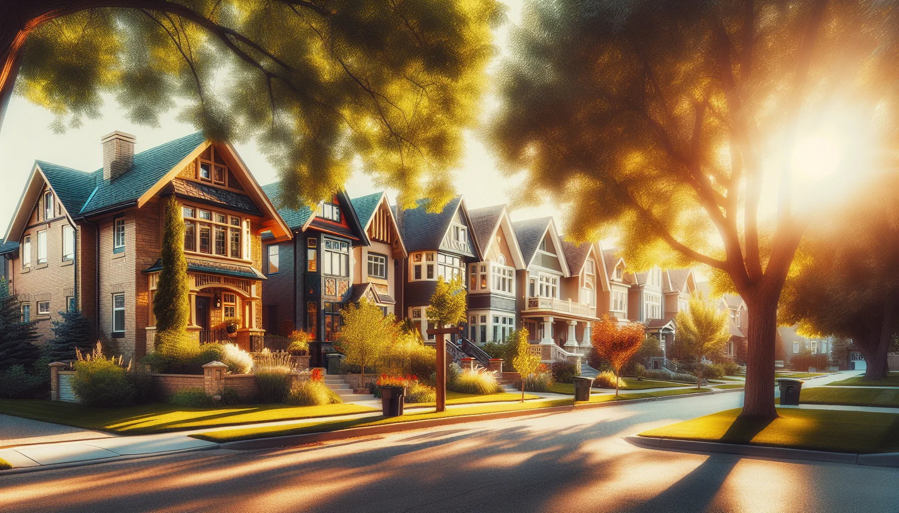 Calgary residential street with mature trees and detached homes on a sunny day