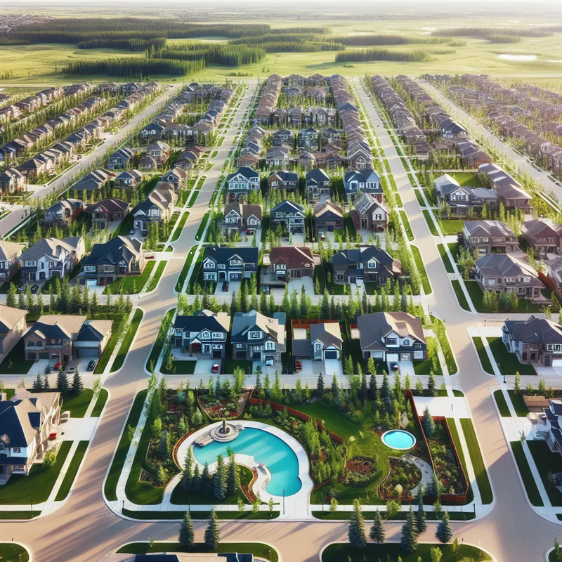 Calgary neighbourhood aerial view showing residential streets and community infrastructure