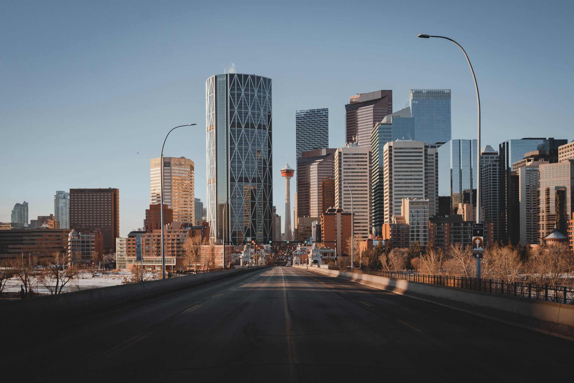 Calgary downtown skyline featuring the Bow Tower and Calgary Tower, viewed from Centre Street Bridge