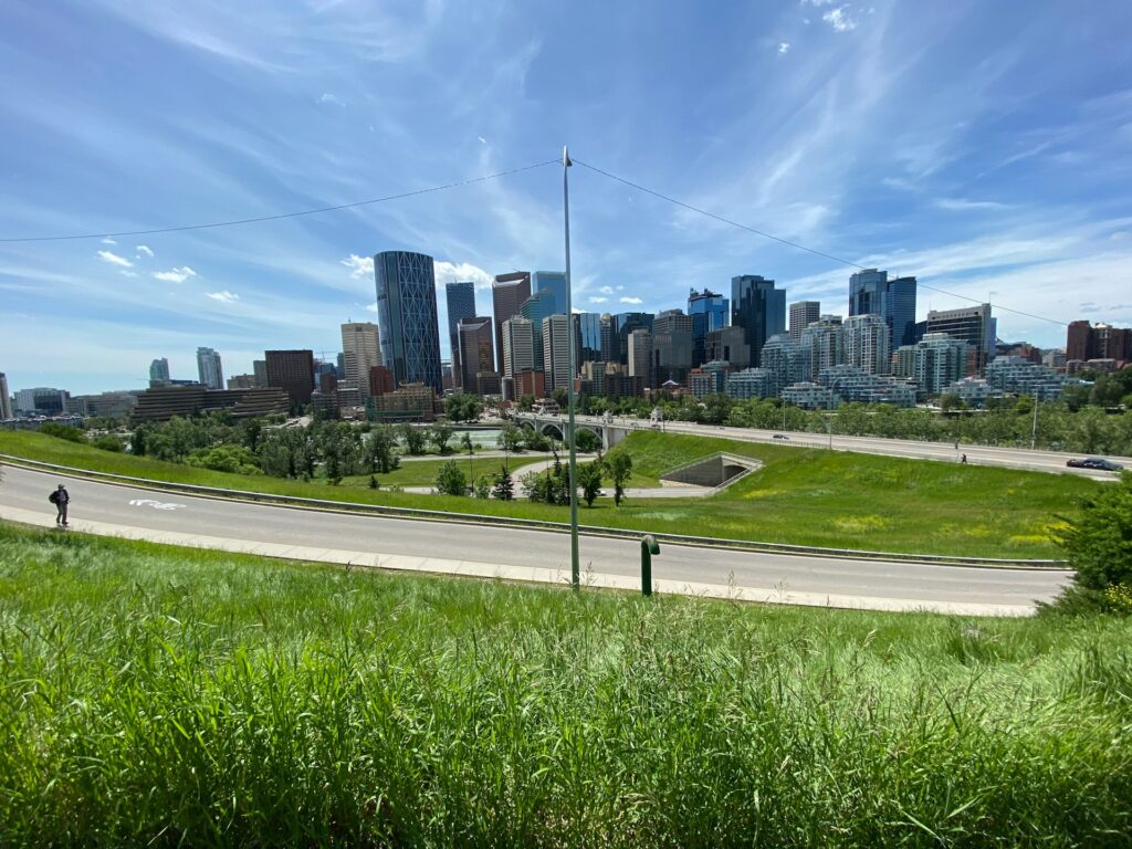 Calgary downtown skyline viewed from a green hillside with pathways and lush grass on a sunny summer day