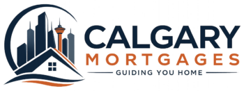 Calgary Mortgages logo featuring Calgary skyline with Calgary Tower and house roof design - Guiding You Home