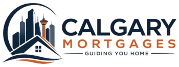 Calgary Mortgages logo featuring Calgary skyline with Calgary Tower and house roof design - Guiding You Home