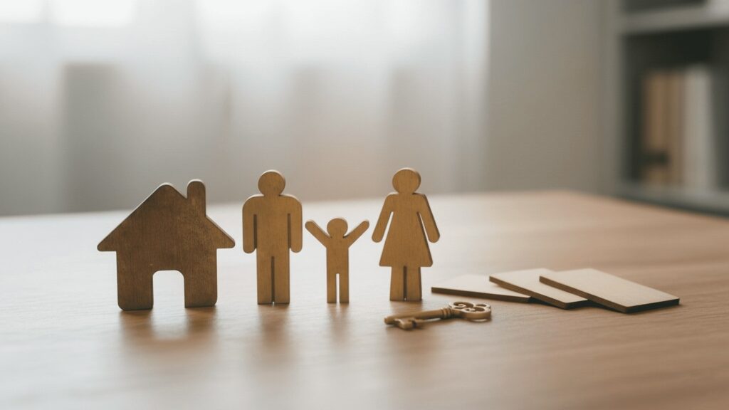 Wooden family figures with house cutout and key on table representing Calgary homeownership and HELOC equity