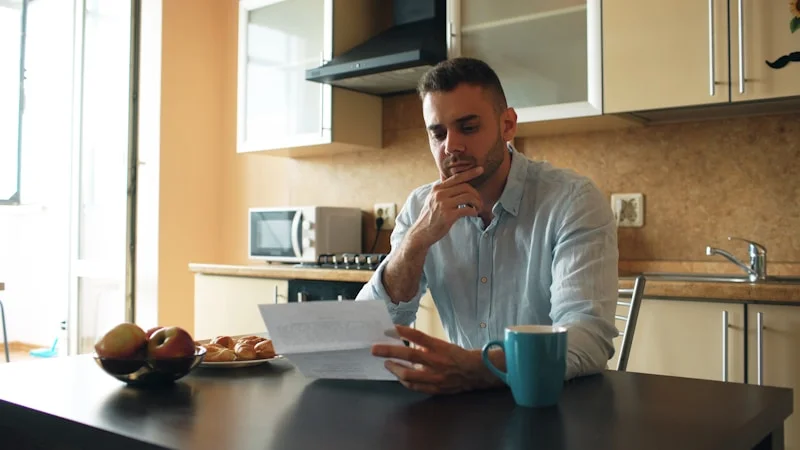Calgary mortgage broker reviewing client application documents at a desk